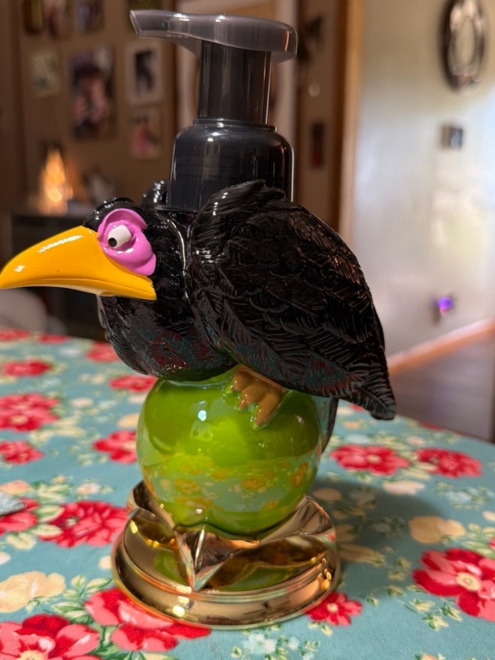 Decorative Black Vulture Soap Dispenser with Green Base